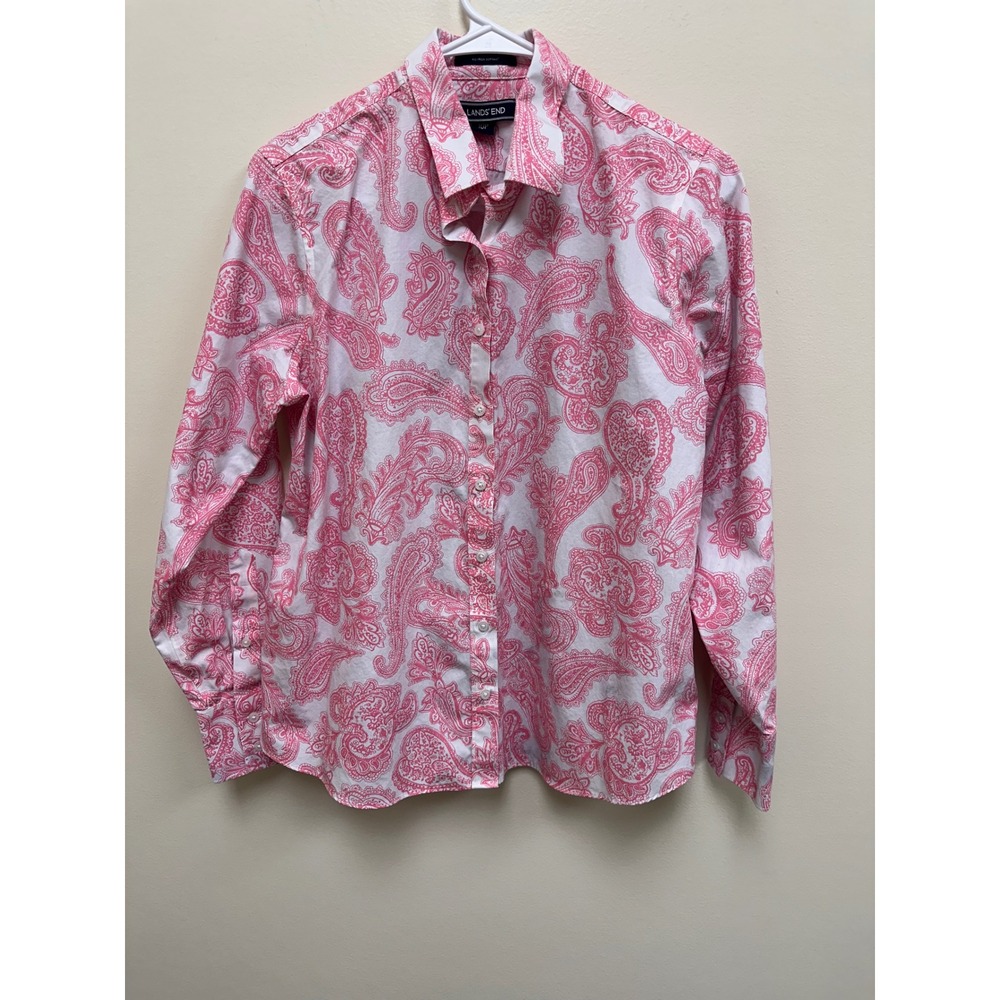 Lands End Pink Paisley No Iron Supima Cotton Button Up Shirt Womens 10P Petite